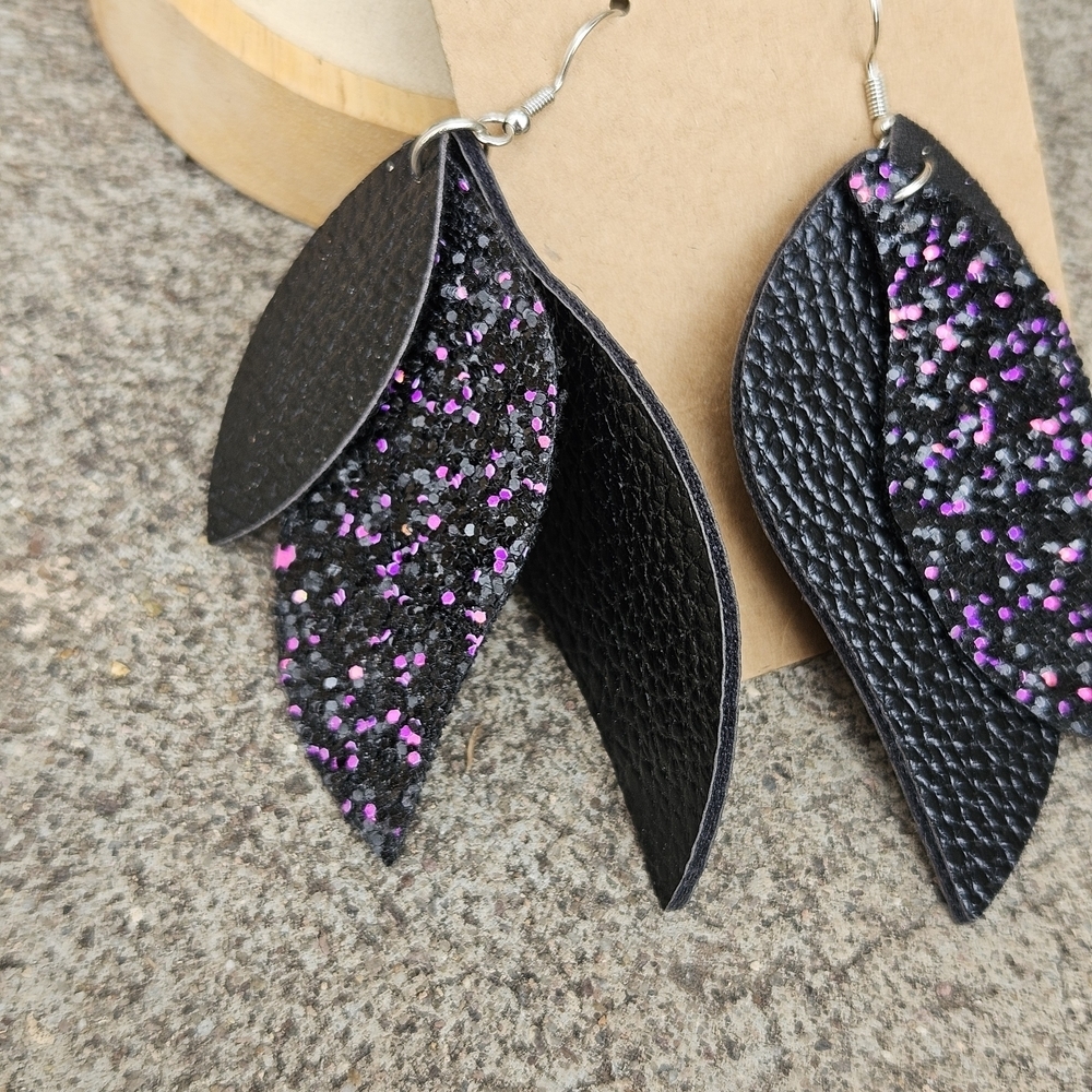 Black and Purple Glitter Leaf Earrings Women's Jewelry Sparkly